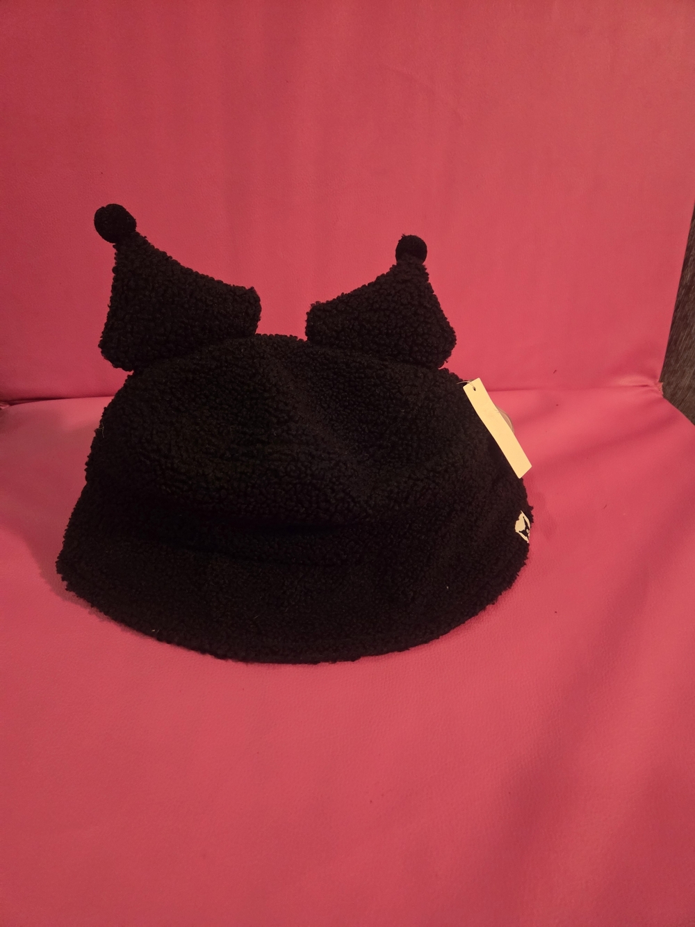 Plush Black Sherpa Kuromi Bucket Hat with Playful Ear Accents